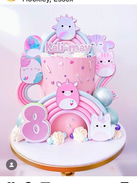 Squishmallow cake topper set. Includes name, age & characters.  Backed with a mix of silver and pink glitter.  Sticks can be attached when requested. PLEASE CHECK MY TURNAROUND TIMES *BEFORE* ORDERING. I WILL NOT REFUND IF IT DOESNT ARRIVE ON TIME. I may be able to do rush orders but please message first to ensure I am able to. I RECCOMEND EXPRESS DELIVERY (rm next day) TO BE CHOSEN AT CHECKOUT IF NEEDED FOR A CERTAIN DATE. I CANNOT GUARANTEE DELIVERY DATES WITH FIRST CLASS Please note dates giv Squishmallow Birthday Cake Topper, Squishmallow Fondant, Squishmallow Birthday Cakes, Squishmallow Pinata, Squish Mellow Birthday Cakes, Squish Mallow Cake, Squishmallows Birthday Party Cake, Squishmallow Cake Topper, Squishmallow Birthday Cake Ideas