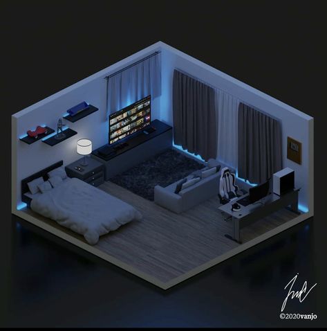 Modern Gaming Bedroom, Small Room Setup, Mens Bedroom Decor, Small Game Rooms, Cool Room Designs, Bedroom Redesign, Boy Bedroom Design, Bedroom Setup, Room Redesign