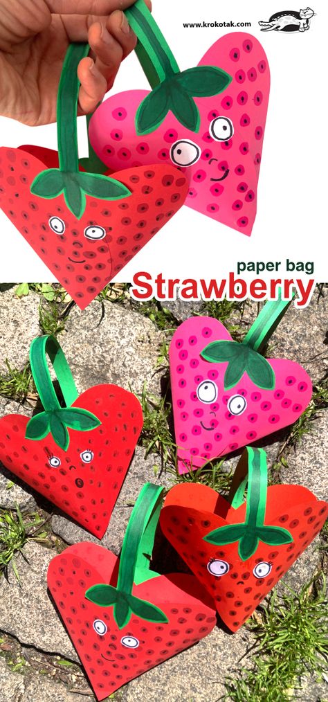 Strawberry+–+paper+bag Strawberry Art And Craft, Strawberry Crafts For Toddlers, Strawberry Activities For Kids, Strawberry Crafts Preschool, Strawberry Crafts For Kids, Strawberry Paper Craft, Strawberry Craft, Strawberry Paper, Strawberry Crafts