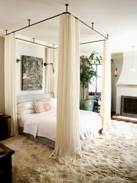 Diy Canopy Bed, Bed Drapes, Canopy Bed Diy, Canopy Bed Curtains, Canopy Bed Frame, Romantic Bed, Canopy Bedroom, Diy Canopy, White Drapes