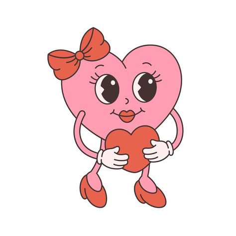 Trendy retro cartoon heart character. Groovy style, vintage, 70s 60s aesthetics. Valentines day. Heart Character, Cartoon Heart, Cute Valentines, Retro Cartoon, Retro Cartoons, Craft Studio, Vintage Heart, Illustrations And Posters, Cute Characters