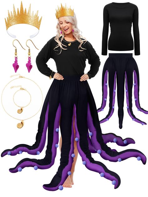 PRICES MAY VARY. Women Octopus Cosplay Outfit: you will receive a pack of Halloween octopus outfits, including 1 pc XL black tight long sleeves, 1 pc octopus dress, 1 pc gold shell necklace, 1 pc gold shell handlace, 1 pair gold clam earrings, 1 pc gold crown; A nice combination, complete your under the sea Halloween decoration with this stunning octopus costume that is sure to turn heads Nice Long Tentacles Dress: our Halloween octopus dress features a black and purple color scheme, reminiscent Family Mermaid Halloween Costumes, Swimsuit Halloween Costume, Funny Adult Halloween Costumes For Women, Underrated Halloween Costumes, Pregnant Witch Costume, Under The Sea Halloween Costumes, Villains Halloween Costumes, Plus Size Costume Ideas, Under The Sea Halloween