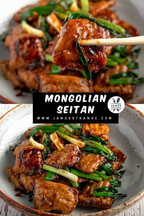 Mongolian Recipes, Seitan Recipe, Beef Chunks, Mongolian Beef Recipe, Vegan Meat Recipe, Seitan Recipes, Mongolian Beef Recipes, Vegan Meat, Vegan Asian