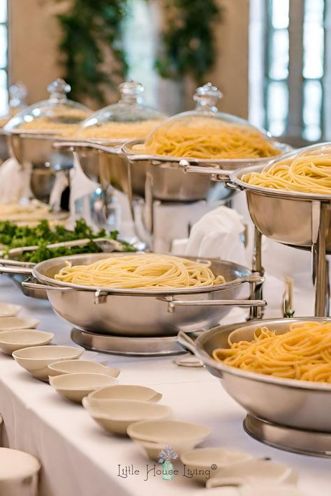 Treat your wedding guests to a gourmet pasta station. It's an elegant yet budget-friendly dining option everyone will love. Pasta Wedding Buffet, Cheap Wedding Food Ideas, Cheap Wedding Food, Pasta Station, Pasta Buffet, Wedding Catering Ideas, Cheap Wedding Reception, Wedding Food Ideas, Wedding Buffet Food