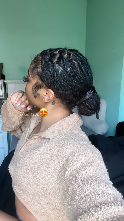 Locs Slick Back, Low Bun On Locs, Loc Budding Stage, Loc Hairstyles No Retwist, Quick Loc Styles Simple No Retwist, No Retwist Loc Styles For Women Short, Low Loc Bun, No Retwist Loc Styles Short, Locks With Curly Ends