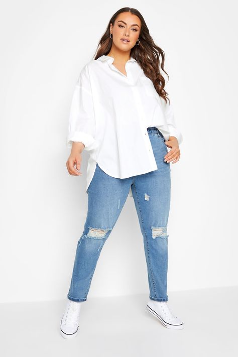 YOURS Plus Size White Poplin Oversized Shirt | Yours Clothing White Button Up Shirt Outfit Plus Size, Classic Outfits Plus Size, Plus Size White Button Down Shirt Outfit, Long White Shirt Outfit, White Oversized Shirt Outfit, White Long Sleeve Shirt Outfit, Long Sleeve Shirt Outfits, Oversized Shirt Outfit, White Shirt And Blue Jeans