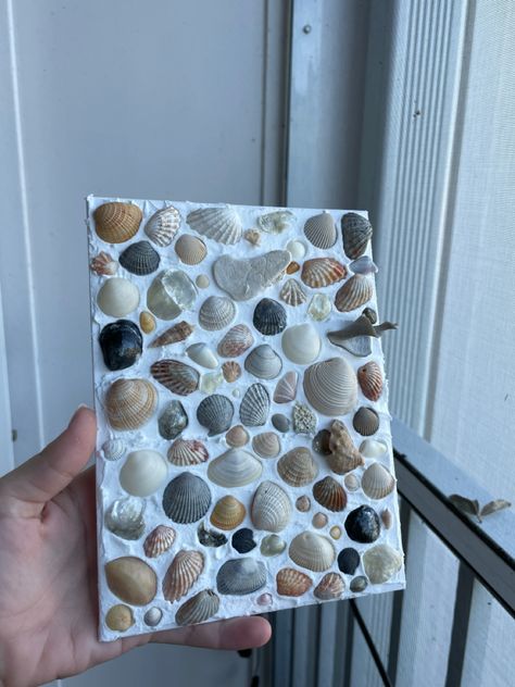 Seashell Art Spackle, Canvas With Shells, Seashell Canvas Painting, She’ll Craft Ideas, Seashell Canvas Art Diy, Seashell Plaster Art, Sea Shell Canvas Art, Sea Shell Painting On Canvas, Seashell Canvas Art