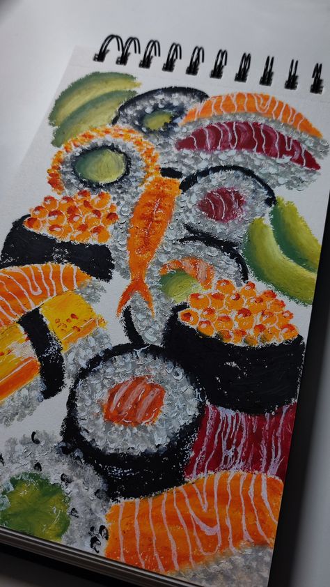 sushi drawing, sushi painting, sushi oil pastel painting, oil pastels Sushi Painting Easy, Paella Drawing, Funky Oil Pastel Art, Sushi Drawings, Sushi Sketch, Drawing Sushi, Sushi Painting, Sushi Drawing, Igcse Art