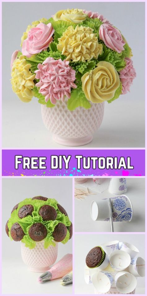 DIY Flower Cupcake Bouquet in Pot Tutorials-DIY Blooming Cupcake Bouquet in 5 Steps Flower Pot Cupcake, Flower Cupcake Boquets, White Cupcake Bouquet, Diy Cupcake Bouquet Tutorials, Flower Pot Cupcakes Ideas, Cupcake Flower Arrangement, Small Cupcake Bouquet, How To Make A Cupcake Bouquet Tutorials, Easy Cupcake Bouquet