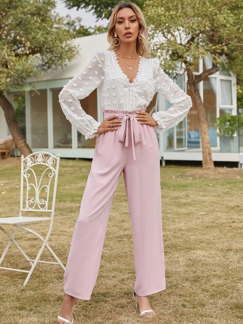 Tie Waist Pants Outfit, Paper Bag Pants, Paper Bag Waist Pants, Romantic Blouses, Tie Waist Pants, Deep Winter, Mesh Sleeves, Shein Style, Waist Pants