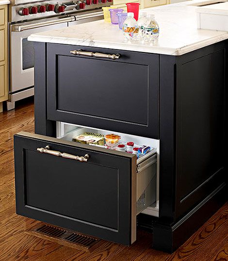 Traditional Home - Refrigerator Island Drawer Island Refrigerator, Integrated Refrigerator, Volcano House, Refrigerator Ideas, Island Storage, Kitchen Island Storage, Fridge Drawers, Refrigerator Drawers, Island Ideas