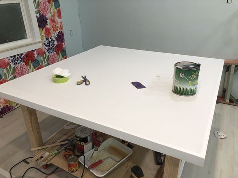 Laminate Table Top Success (Mostly) & A Change Of Heart Diy Writing Desk, Knock Down Wall, Red Oak Floors, Laminate Table, Laminate Table Top, Writing Desk With Drawers, Hollow Core Doors, Built In Cabinets, Change Of Heart