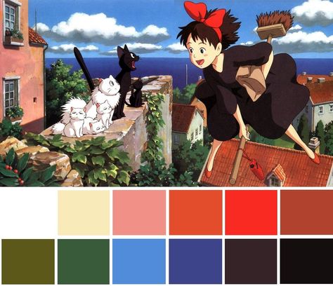 Kiki's Delivery Service Color Palette Hayao Miyazaki Color Palettes, Film Color Palette, Film Palette, Movie Color Palette, Color Design Inspiration, Color Script, Kiki's Delivery Service, Princess Coloring, Ghibli Art