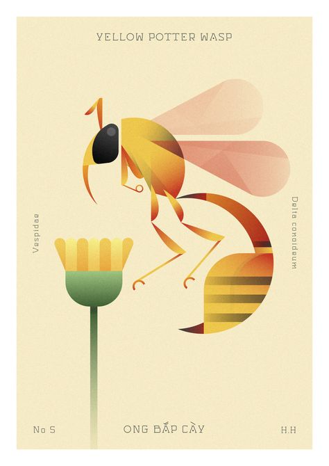 Geometric Insects Navigate Sparse Flora in Pastel Illustrations by Hoàng Hoàng - Graphic Design - Illustration, Geometric, Insect, Insects, Flora, Flower, Flowers, Pastel, Illustration Design Graphique, Charley Harper, Colossal Art, Busy Bees, Bag Art, Pastel Background, Nature Journal, Design Lab, Flat Illustration