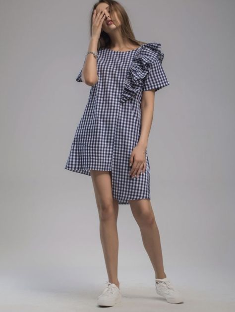 Navy Dress With Sleeves, Dress Short Casual, Plaid Sleeve, Asymmetrical Hem Dress, Checkered Print, Tunic Pattern, Frill Dress, Navy Dresses, Hem Dress