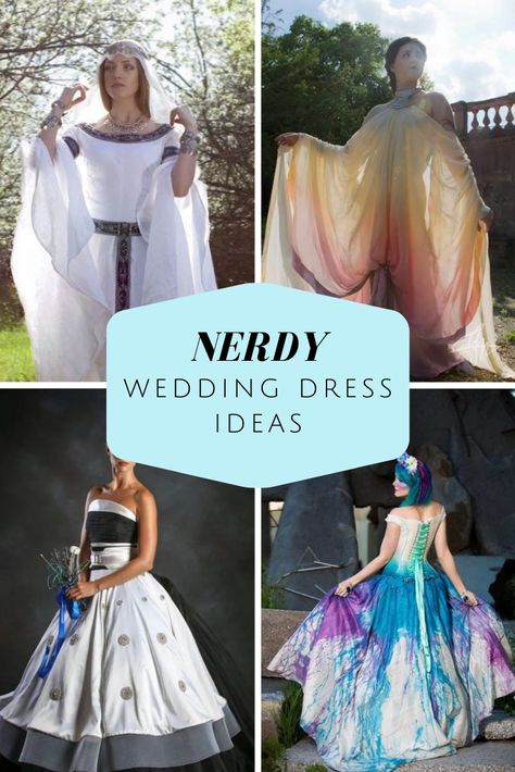 Wedding Dresses for Fantasy and Sci-Fi Brides | Lovers of fantasy and sci-fi can have a great appreciation for fashion because of their outsized imaginations. That's how you get the most artfully crafted and nerdy wedding dresses this side of Hyrule Kingdom. Adapted from beloved works of Disney, video games, and cult classics, these geek wedding dresses will have you waltzing down the aisle humming "Bippity boppity boo" -- or screaming "Beetlejuice, Beetlejuice, Beetlejuice!" Science Fiction Wedding Dress, Zelda Inspired Wedding Dress, Cosplay Wedding Ideas, Nerdy Wedding Dress, Starwars Wedding Dresses, Marvel Wedding Dress, Star Wars Inspired Wedding Dress, Sci Fi Wedding Dress, Geek Wedding Dress