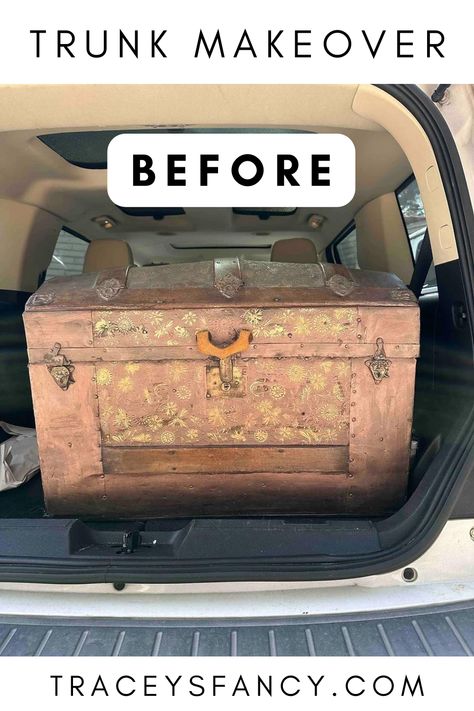 large wooden trunk in the trunk of a car ready for a makeover Painted Trunk Ideas Diy, Old Trunks Makeover, Metal Trunk Painting Ideas, Old Trunk Ideas Repurposed, Wooden Chest Makeover, Metal Trunk Makeover, Whimsical Furniture Painting, Vintage Trunks Makeover, Whimsical Painted Furniture Ideas