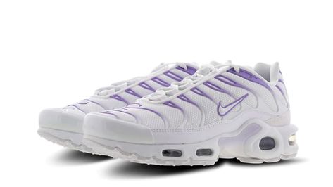 Nike TN Air Max Plus White Purple | CJ9455-100 | The Sole Womens New Balance Trainers Womens, Tns Nike, Adidas Trainers Women, Womens Nike Trainers, Nike Tn Air Max, Nike Tn Air, Nike Tns, Nike Shox For Women, Nike Products