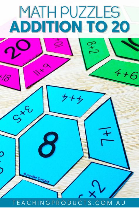 Math Puzzles Addition To 20, Addition Puzzles First Grade, Addition Centers First Grade, Addition To 20 Activities, Grade 3 Math Activities, Free Math Centers First Grade, Math Activities 1st Grade, Math Games First Grade, Math Centers First Grade