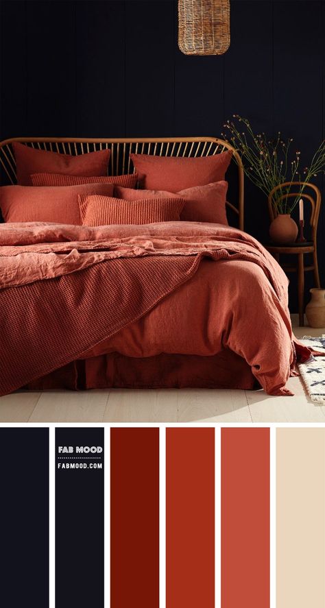 blackberry and terracotta bedroom, dark blue and dark terracotta bedroom, burnt sienna bedroom #bedroomcolor #terracottabedroom earth tone bedroom color ideas Color Palette For Home, Terracotta Bedroom, Wedding Color Palettes, Themes Wedding, Bedroom Colour Palette, Dark Bedroom, Colors Wedding, Bedroom Color Schemes, Blue Bedroom