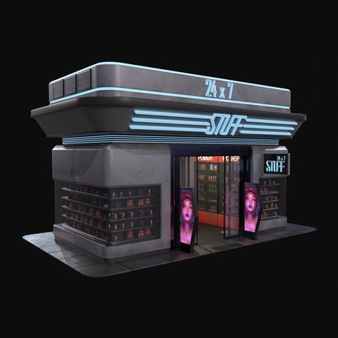 Cyberpunk Convenience Store, Cyberpunk House Concept Art, Cyberpunk Store, Cyberpunk Props, Cyberpunk Building, Scifi Building, D20 Modern, Sci Fi Building, Futuristic House