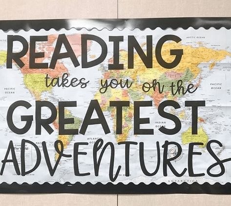 Welcome To Your Next Chapter Bulletin Board, English Bulletin Boards, Ela Bulletin Boards, Middle School Bulletin Boards, School Library Bulletin Boards, Church Library, Travel Theme Classroom, High School Bulletin Boards, Elementary Bulletin Boards