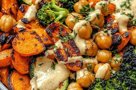 Try these Roasted Veggie Chickpea Bowls with Maple Dijon Tahini Dressing! A healthy, flavorful meal perfect for lunch or dinner. Chickpea Bowls, Chickpea Bowl, Light Soups, Beet Recipes, Roasted Vegetable, Veggie Bowl, Tahini Dressing, Broccoli Florets, How To Cook Quinoa