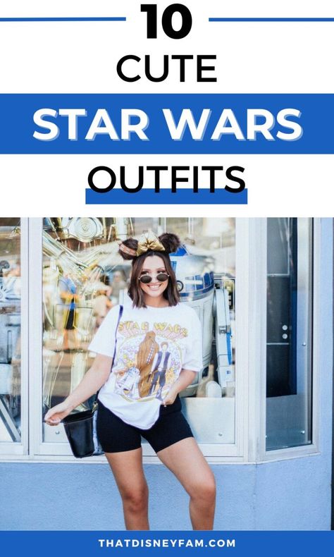 10 Cute Star Wars Outfits You'll Want To Wear - That Disney Fam Starwars Outfit Women Disney, Disneyland Star Wars Outfit, Marvel Disneyland Outfit, Batuu Outfit, Grogu Outfit, Star Wars Inspired Outfits Women, Disney Star Wars Outfit, Star Wars Shirt Outfit, Disney Bounding Star Wars