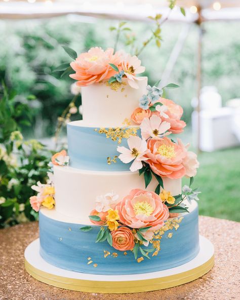 Spring Wedding Cake Elegant, Dusty Blue And Orange Wedding Cake, Peonies On Wedding Cake, Wedding Cakes Pink And Blue, Peach And Blue Wedding Cake, Blue And Orange Cake, Wedding Cake Colorful, Wedding Cake Summer, Peach Flower Wedding Cake