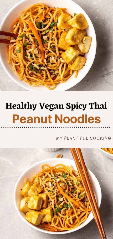 This vegan Thai peanut noodles features crispy pan fried tofu, chewy noodles and flavorful peanut sauce! Quick and easy to make, and is a great hearty weeknight dinner. Thai Peanut Sauce Noodles, Thai Peanut Noodles, Peanut Sauce Noodles, Pan Fried Tofu, Thai Peanut Sauce, Spicy Thai, Peanut Noodles, Gluten Free Noodles, Dinner On A Budget