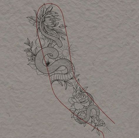 Snake Tattoo Sleeve Woman, Arm Sleves Tattoo Drawing, Long Snake Tattoo Design, Flower And Snake Tattoo Sleeve, Snake Sleeve Tattoos For Women, Snake In Vines Tattoo, Full Arm Tattoo Men Sleeve Art Designs, One Arm Tattoo Sleeve Women, Back Of Thigh Tattoos Women Unique