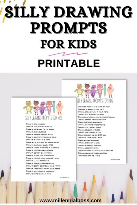 Use this silly drawing prompts for kids printable to start a new drawing habit or to have a sillier day filled with drawing and crafts! Sketchbook Prompts Elementary, Sketchbook Drawing Prompts, Kids Drawing Challenge, Sketchbook Prompts For Kids, Silly Drawing Prompts, Kids Drawing Prompts, Art Prompts For Kids, Kids Drawing Games, Drawings Prompts