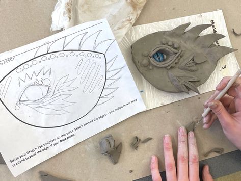 Dragon Eye Clay Sculptures | Ms. Amsler's Artroom Dragon Eye Ceramic, Middle School Ceramics Lessons, Air Dry Clay Projects For Middle School, Dragon Eye Craft, Air Dry Clay Art Lessons, Fantasy Art Projects, Dragon Eyes Clay, Dragon Eye Clay Art, Dragon Eye Sculpture