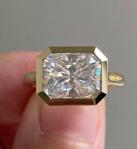 Radiant Cut Moissanite Engagement Ring, Radiant Cut Rings, Radiant Cut Engagement Rings, Bezel Set Ring, Moissanite Diamond Rings, Types Of Diamonds, Radiant Cut Diamond, Diamond Simulant, Ring Stacking