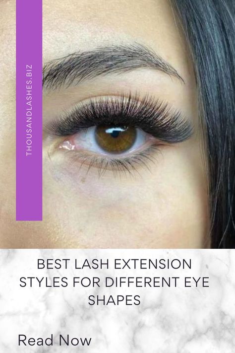 BEST LASH EXTENSION STYLES FOR DIFFERENT EYE SHAPES Forget everything you've ever believed about lash extension styles. In the beauty world, we're constantly told that "one size fits all" applies to pretty much anything and everything — including our lashes. But just as we all have different face shapes, hair textures, and skin tones, we also have different eye shapes. False Lash Styles, Makeup Ideas With Lash Extensions, Hooded Eyes With Lash Extensions, Lashes For Deep Set Eyes, Best Eyelash Extensions For Eye Shape, Pretty Eyelash Extensions, Best Eyelash Extensions For Hooded Eyes, Eyelash Extensions Styles For Hooded Eyes, Best Lash Extensions For Eye Shape