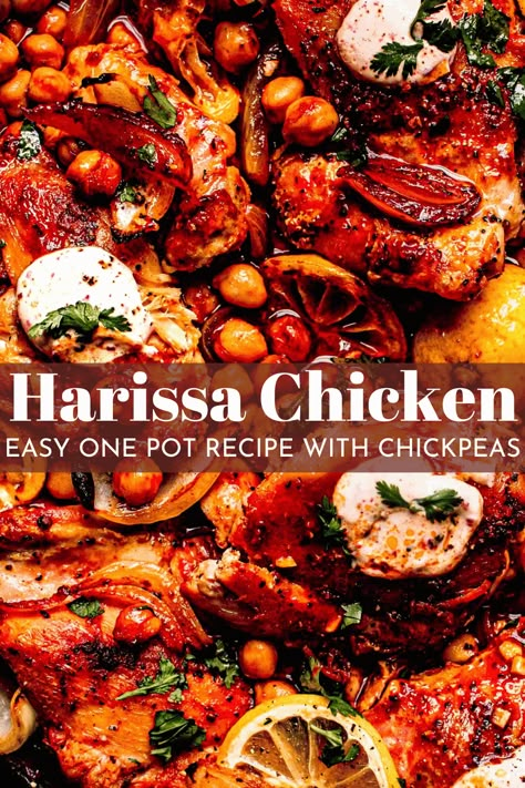 One Skillet Harissa Chicken with Chickpeas is a fuss free dish that's easy to make at home. Spicy, fragrant harissa coats the chicken and chickpeas as they roast and a creamy yogurt harissa sauce finishes it off at the end. // recipe // thighs // lemon // baked Harissa Chicken Sheet Pan, Harissa Roast Chicken, Harissa Chicken Traybake, Harissa Uses, Chicken Foccacia Recipes, Crockpot Harissa Chicken, Recipes Using Harissa, Chicken Harissa Recipes, Chicken With Prunes