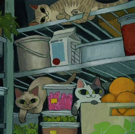 Kelly Pringle on Instagram: ""Inside the Walk-In" 9" x 8.5" gouache on watercolor paper 🐱🥦🥩🥒 print available on my INPRNT!  . . . . #illustration #gouache #gouachepainting #cute #cats #catart #fridge #walkin #kitchen" Cute Kitchen Illustration, Kelly Pringle, Fridge Inside, Cat Vibe, Paper Cat, Cat Kitchen, Dark Souls Art, Soul Art, March 27