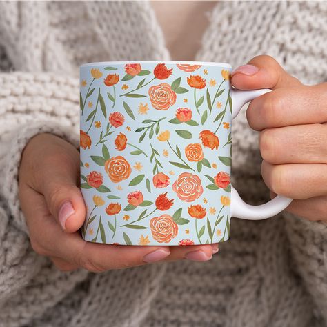 Burnt Orange Floral Pattern - Mug – Lauren Ullrich Art Spring Mugs, Blue Pottery Designs, Pumpkin Pottery, Ceramic Cafe, Diy Pottery Painting, Orange Mugs, Perfect Cup Of Coffee, Spring Watercolor, Diy Mugs