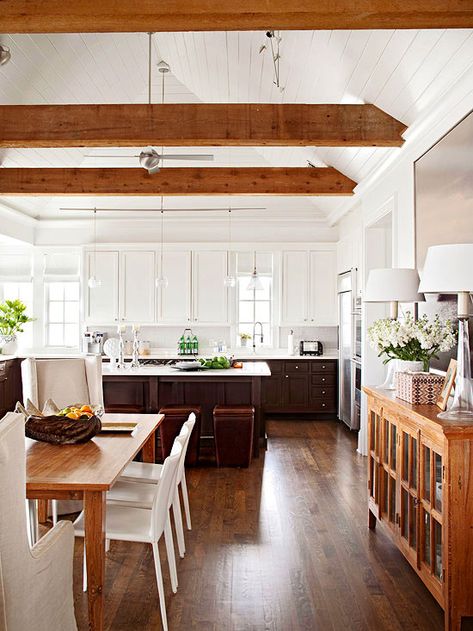 Salvaged Look Beautiful Ceiling Designs, Modern Cottage Homes, Gorgeous White Kitchen, Wood Beam Ceiling, Kitchen And Dining Room, Modern Cottage, Exposed Beams, Cool Ideas, Wood Beams