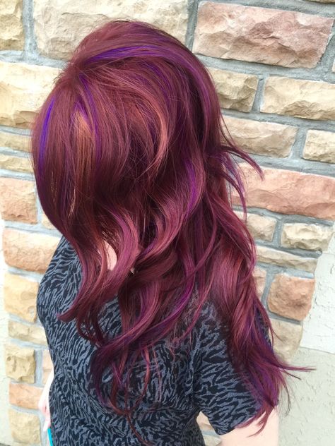 Rich red and copper with a splash of purple for fall! Hair by Denise Allen Copper And Wine Hair, Purple And Copper Hair, Copper And Purple Hair, Hair With Purple, Purple Streaks, Wine Hair, Purple Highlights, Copper Hair, Natural Shades