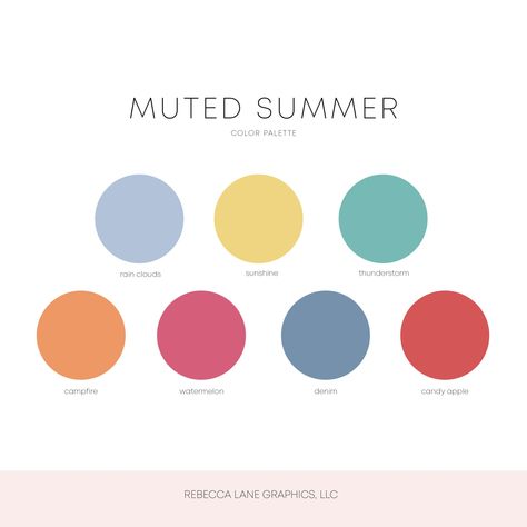 Muted Summer Color Palette – Rebecca Lane Graphics Color Pallets Outfits, Muted Summer Palette, Neutral Summer Palette, Early Summer Color Palette, August Color Palette 2023, Colorful Muted Palette, Muted Watercolor Palette, 7 Colors Palette, Summer Outfit Color Palette