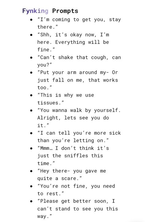 Aftercare Writing Prompts, Wedding Writing Prompts, Caretaking Prompts, First Time Prompts, Sickness Prompts, Injured Dialogue Prompts, Playful Banter Prompts, Caretaker Dialogue Prompts, Reunion Prompts