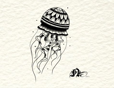 Flash tattoo that is a jelly fish Jelly Fish Tattoo Traditional, American Traditional Jellyfish, Traditional Jellyfish Tattoo, Traditional Jellyfish, Tattoo Fish, Tummy Tattoo, Traditional Black Tattoo, Sailor Jerry Tattoos, Jellyfish Tattoo