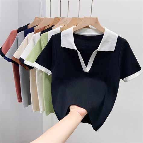 Polo T Shirts Women, Polo Crop Top, Cutout Tank Top, V Neck Crop Top, Basic Crop Top, T Shirt Crop Top, Plus Size Bodycon Dresses, Loose Pullover, Vintage Short