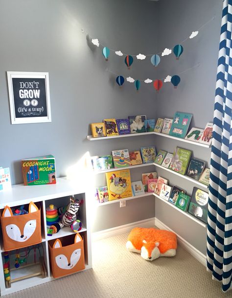 Shelf Decoration Ideas Living Room, Infant Room Ideas At Home, Toddler Animal Room, Nursery For Two Under Two, Baby Play Room Ideas Boy, Toddler Boy Room Montessori, Boy Playroom Ideas Toddler, Nursery Library Ideas, Toddler Boy Montessori Bedroom