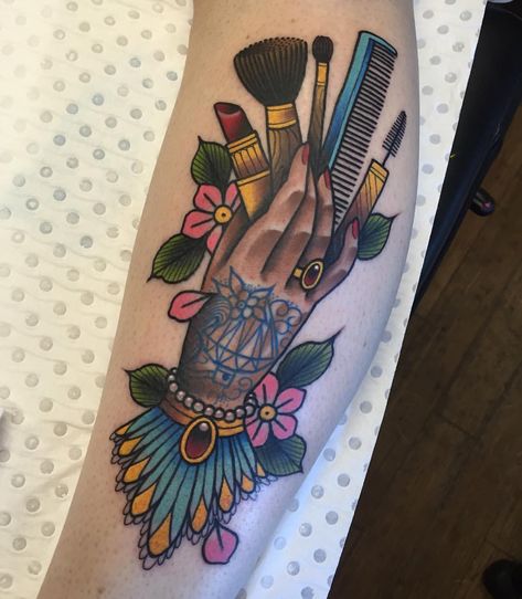 Make Up Artist Tattoos Ideas, Makeup Artist Tattoo Ideas, Cosmetology Tattoos, Artist Tattoo Ideas, Hand Tattoo Cover Up, Makeup Artist Tattoo, Tattoo Makeup Coverup, Hairstylist Tattoos, Lipstick Tattoos