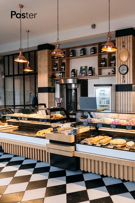 Beautiful Bakery Interior, Pastry Design Shop, How To Decorate A Bakery Shop, Bakery Outdoor Design, Cool Bakery Interior, Bakery Restaurant Design, Bakeryshop Idea, Bakery Building Design, Bakery Interior Design Pastry Shop