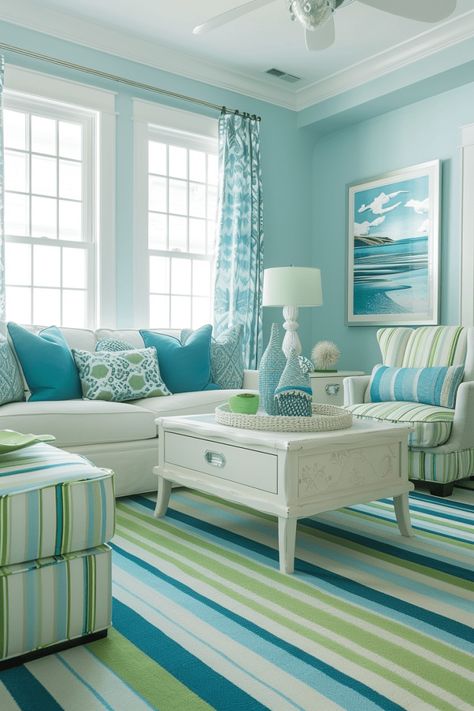 Discover 39+ Ways to Create a Refreshing Blue and Green Living Room Aqua Living Room, Blue Upholstered Chair, Green Living Room Ideas, Blue And Green Living Room, Mint Green Walls, Green Living Room, Light Blue Walls, Eclectic Living Room, Florida Beach