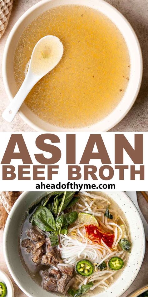 Asian Beef Broth Asian Bone Broth Recipe, Asian Beef Broth, Meat Broth Recipes, Soup Bones What To Do With, Asian Beef Soup, Recipes Using Beef Broth, Thai Beef Noodle Soup, Beef Broth Recipes, Beef Broth Soup