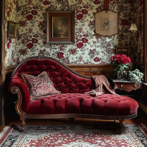 Victorian Sofa Style: An opulent Victorian sitting room with a plush red sofa, exquisite floral wallpaper, and ornate decor. #victorian #sofa #plush #red #floral #aiart #aiphoto #stockcake ⬇️ Download and 📝 Prompt 👉 https://ayr.app/l/6feJ Victorian Parlor Sitting Rooms, Victorian Couch Living Room, Victorian Couches, Victorian Furniture Antique, Victorian Sitting Room, Victorian Lounge, Victorian Couch, Ornate Decor, Victorian House Interiors